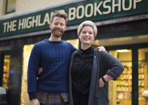 Kilted Yoga star Finlay Wilson with Sarah-Louise Bamblett, manager of The Highland Bookshop, on Saturday. Picture: AJW Photography. NO F51 kilted yoga 01