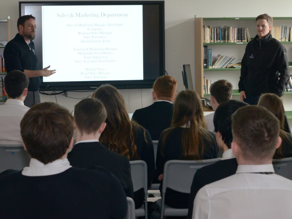 Springbank's director of Sales and marketing Ranald Watson and director of production Findlay Ross talk to CGS S4 pupils.